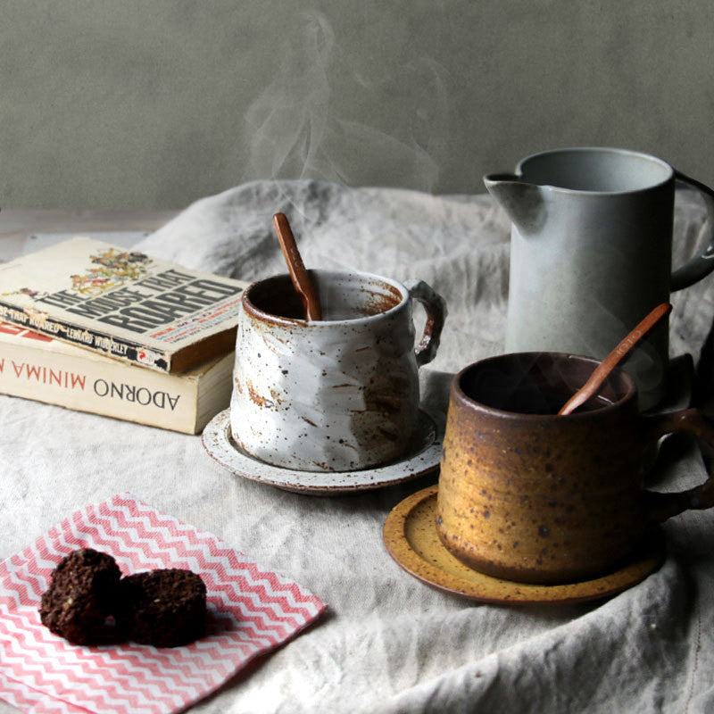 Japanese Style Stoneware Coffee Cup And Saucer Set