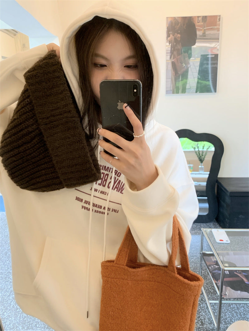 All-match Letter Print Hooded Pullover Sweater Coat