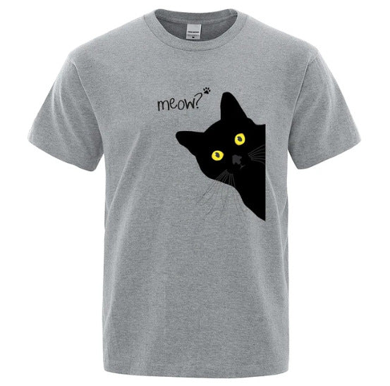 Black Cat Print Tee - Loose Street Style