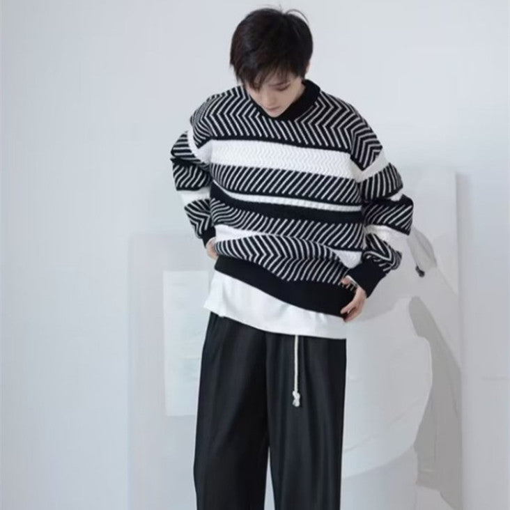 Japanese Style Lazy Style Jacquard Three-dimensional Striped Sweater For Men