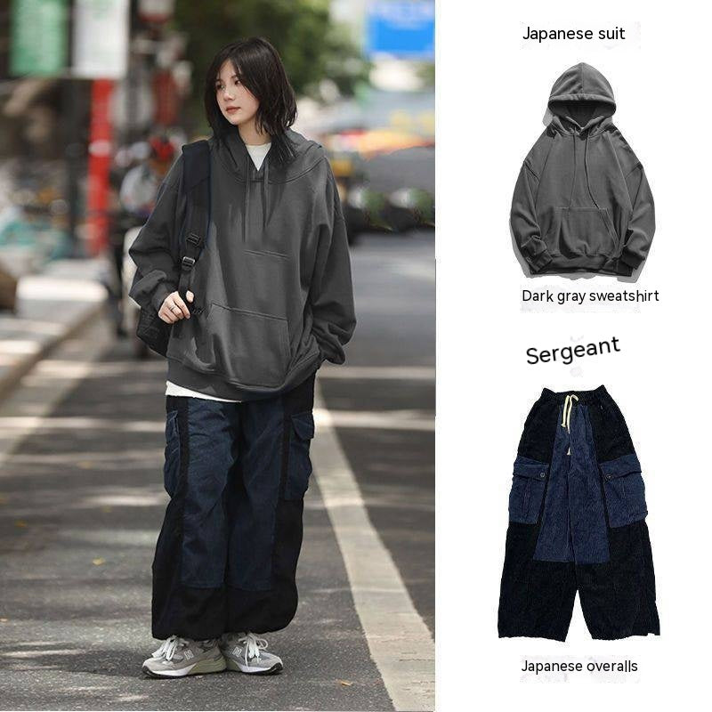 Japanese Loose Solid Color Fleece-lined Sweater Suit