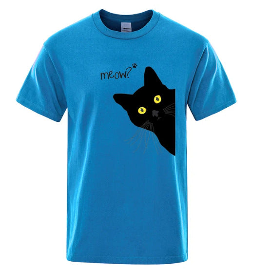 Black Cat Print Tee - Loose Street Style