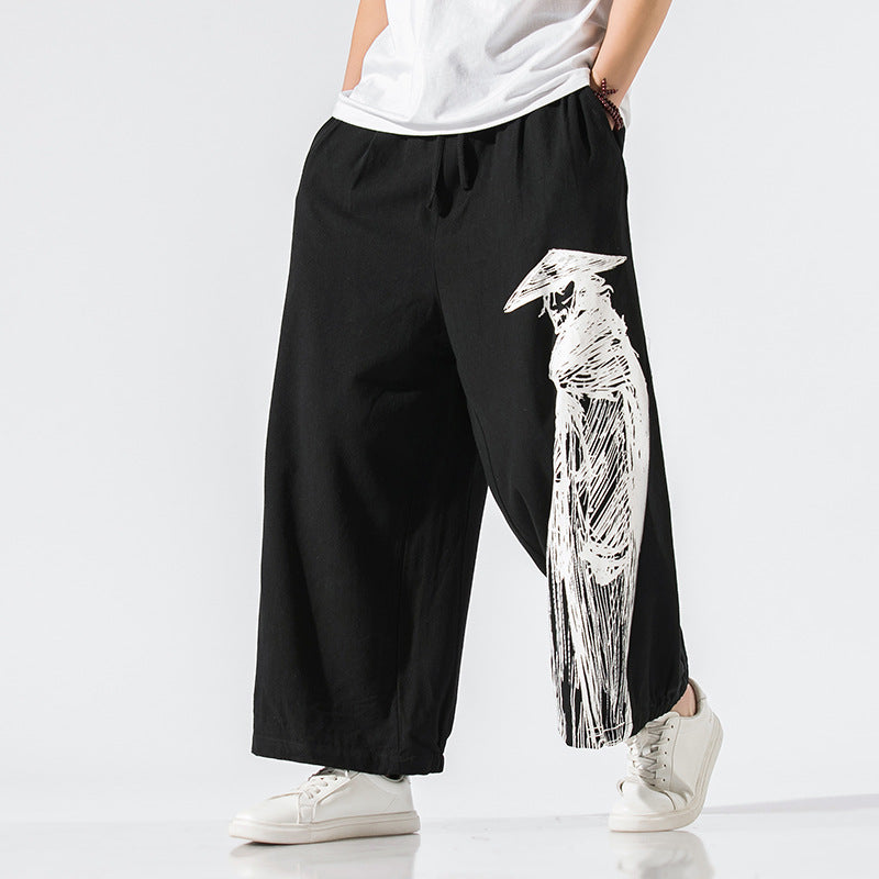 Japanese Style Oversized Pants Printed Linen Wide