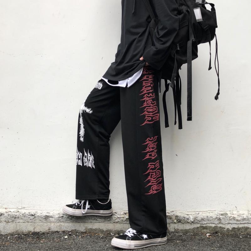 Japanese Dark Black Graffiti Straight Wide Leg Sanitary Pants Male