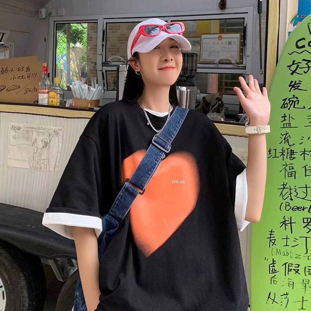 Heart Print Cotton Tee - Oversized Plus Size