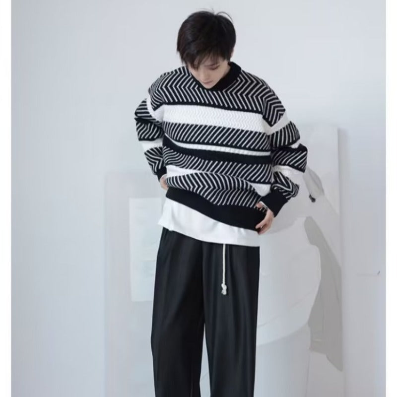 Japanese Style Lazy Style Jacquard Three-dimensional Striped Sweater For Men