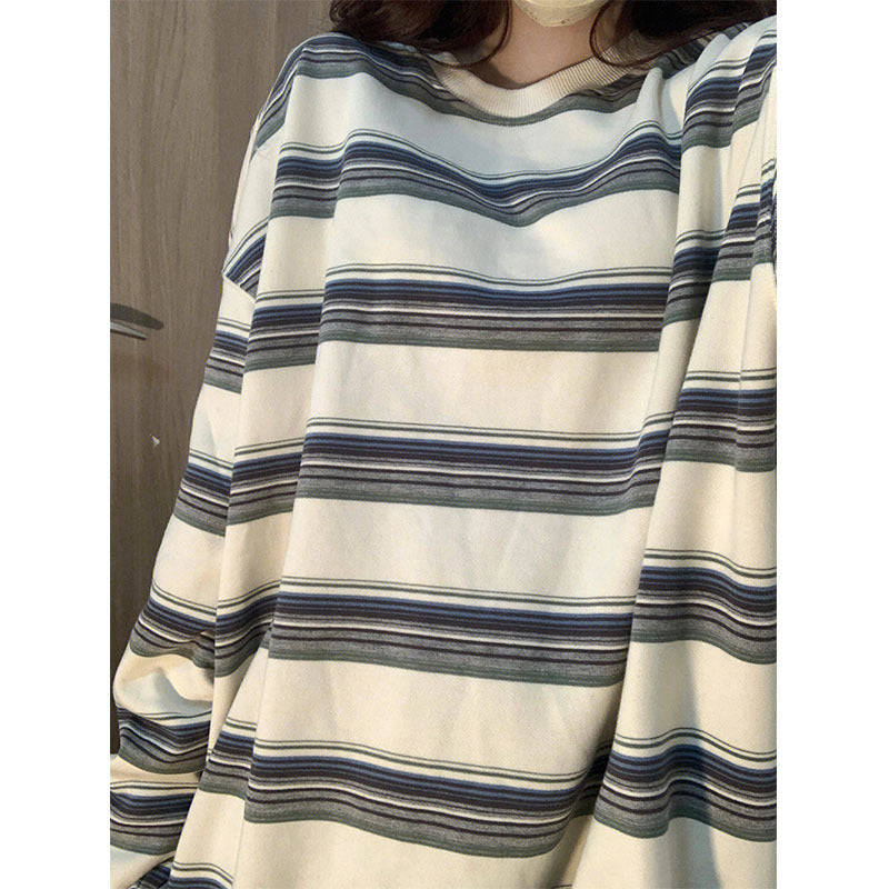 Japanese Style Milky White Striped Sweater Couple Idle Style Mid-length