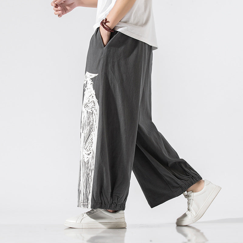 Japanese Style Oversized Pants Printed Linen Wide