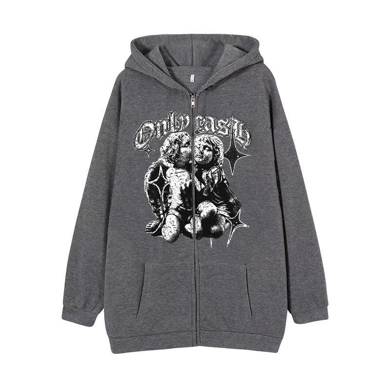 Damen-Kapuzenpullover mit Flügeln und Engelsmotiv, Reißverschluss