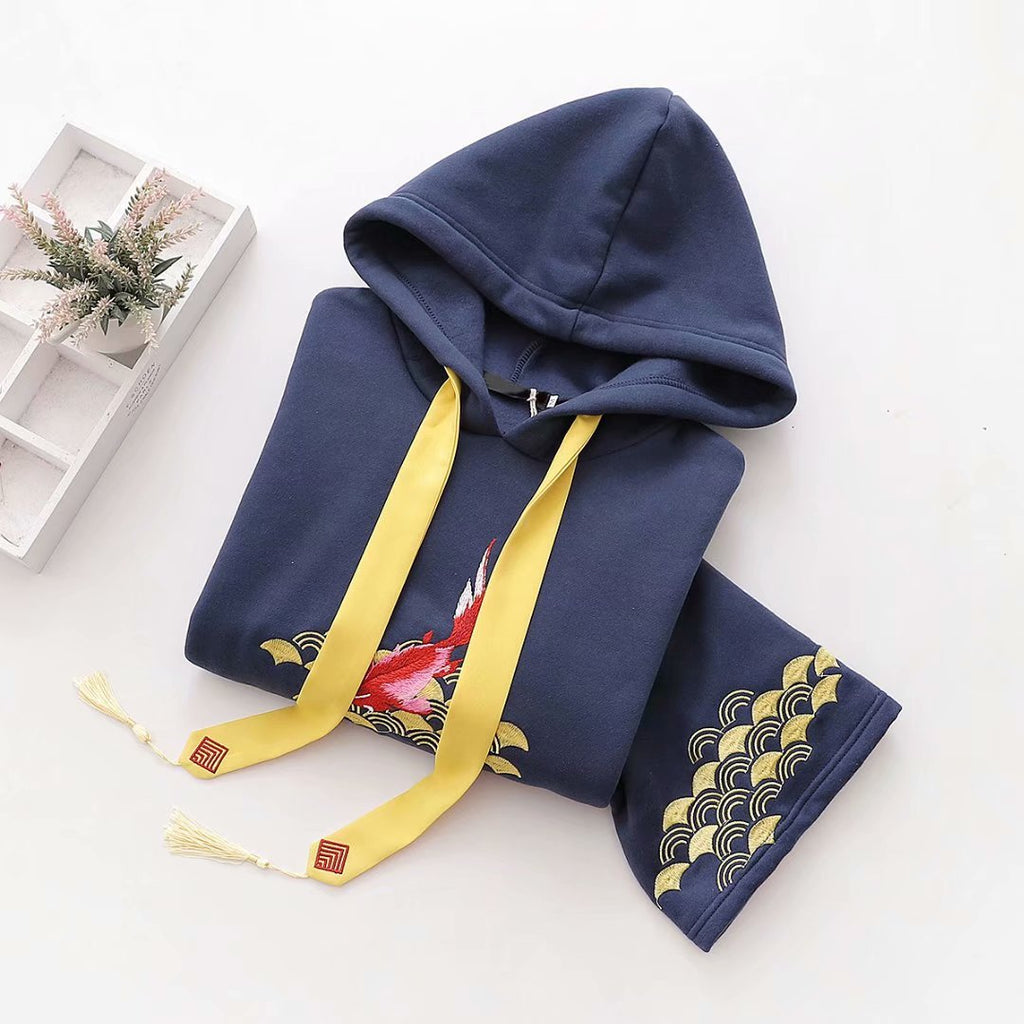 Japanese Style Fleece Thickened Hooded Sweater Loose Retro Embroidery
