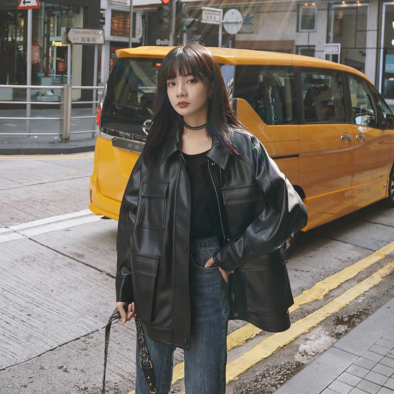 Women's Casual Leather Jacket Motorcycle Wear Loose Coat