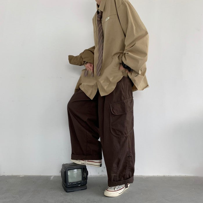 Japanese-style Retro Large Pocket Curling Wide-leg Overalls