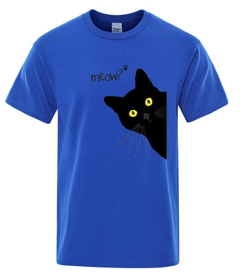 Black Cat Print Tee - Loose Street Style