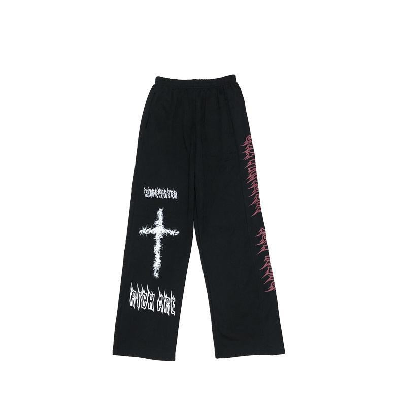 Japanese Dark Black Graffiti Straight Wide Leg Sanitary Pants Male