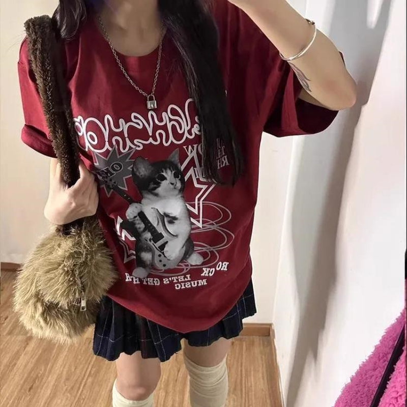 Pure Cotton Japanese Style Alphabet Wine Red Short Sleeve