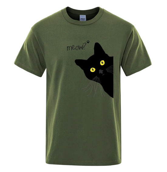 Black Cat Print Tee - Loose Street Style