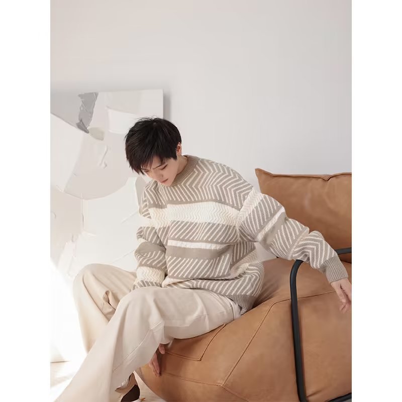 Japanese Style Lazy Style Jacquard Three-dimensional Striped Sweater For Men