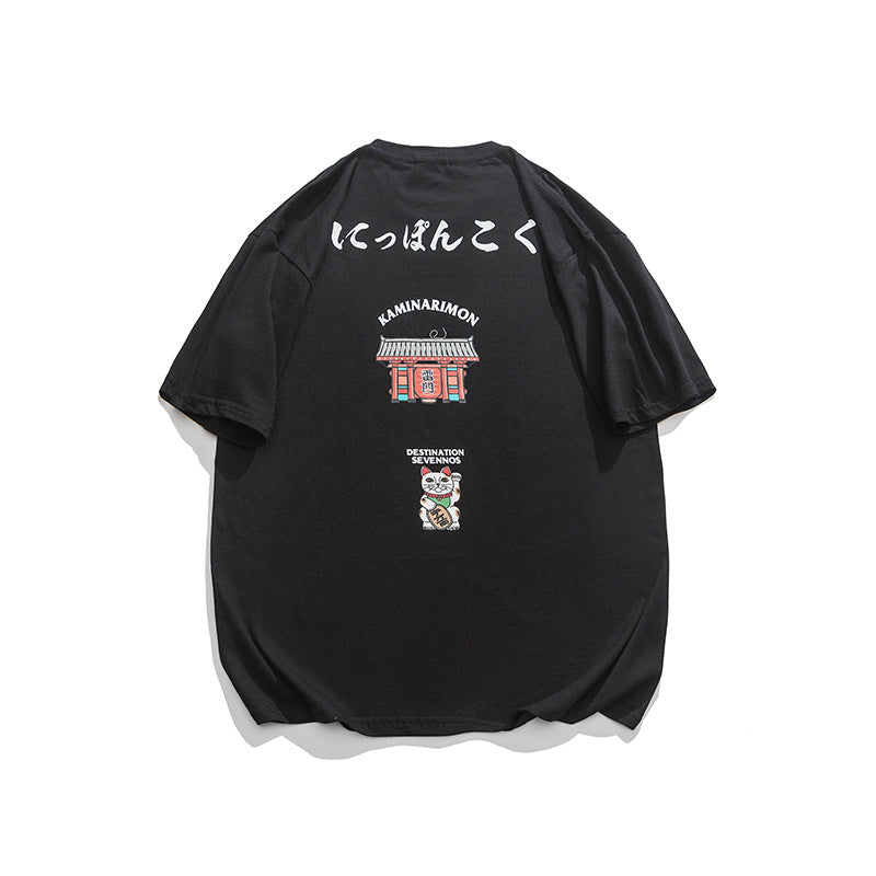 Back Printed Round Neck T-shirt Japanese Style